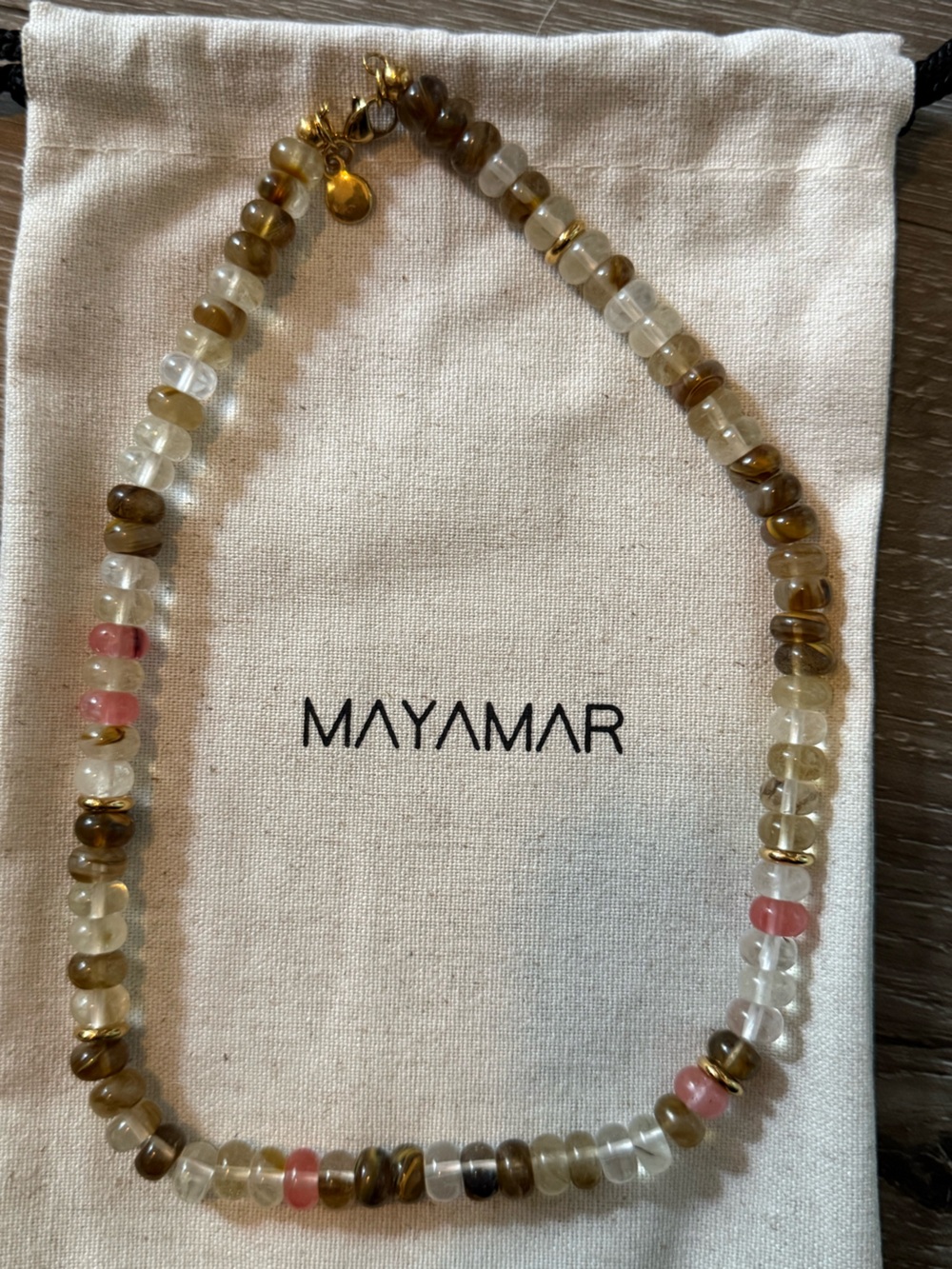 Mayamar smokey quartz, clear quartz rhondell bead necklace 24kt gold plated
